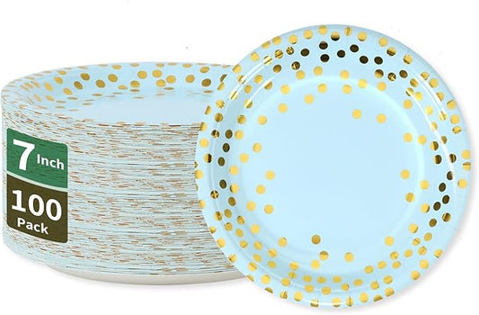 Blue and Gold Paper Plates,7INCH Blue Dessert Plates for Appetizers,Cakes,Salads and Fruits,Suitable for Baby Shower,Birthday,Wedding,Bridal Showers,Anniversary(100 PCS)