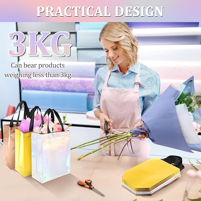 60Pcs Bulk Iridescent Glossy Gift Bags Medium Size, 8x4x10 Inch Holographic Reusable Gift Bags with Handles,Non-woven Gift Bags Bulk,Mix Color (20x Rose Gold,20x Golden Yellow,20x Iridescent Bags ) for Birthday, Wedding, Bachelorette, Party Favors, Hol...
