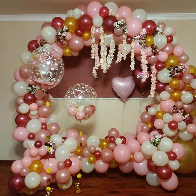 Burgundy Red and Pink Balloons, 60 Pack 12in Rose Gold Wine Red Light Pink White Latex Balloon Metallic Rosegold Confetti Helium Party Balloons for Women Girls Birthday Wedding Anniversary Decorations