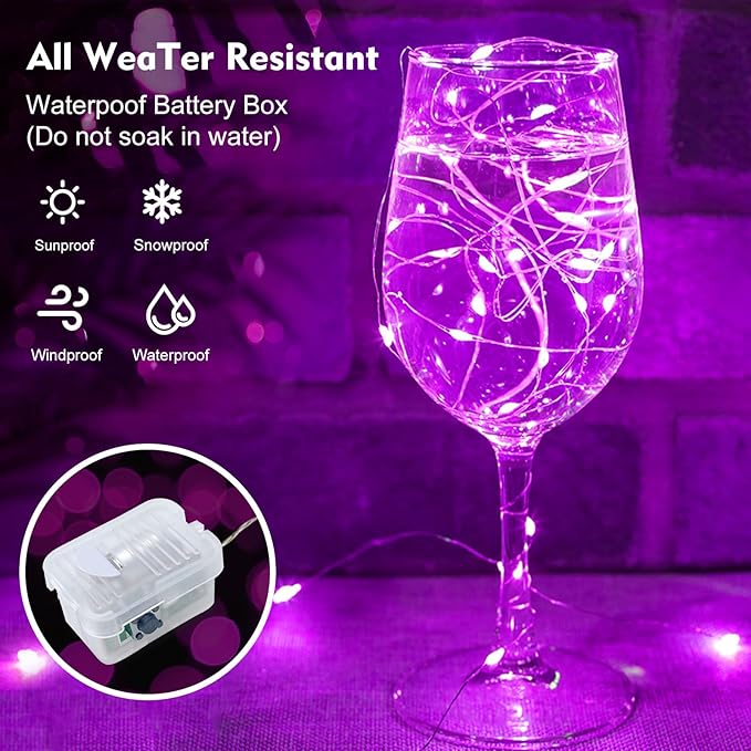 pozzolanas 24 Pack Pink Fairy Lights Battery Operated 3 Modes 7FT 20 LED Waterproof String Lights Twinkle Silver Wire for Mason Jars Wedding Christmas Halloween Party Decor (24, Pink)