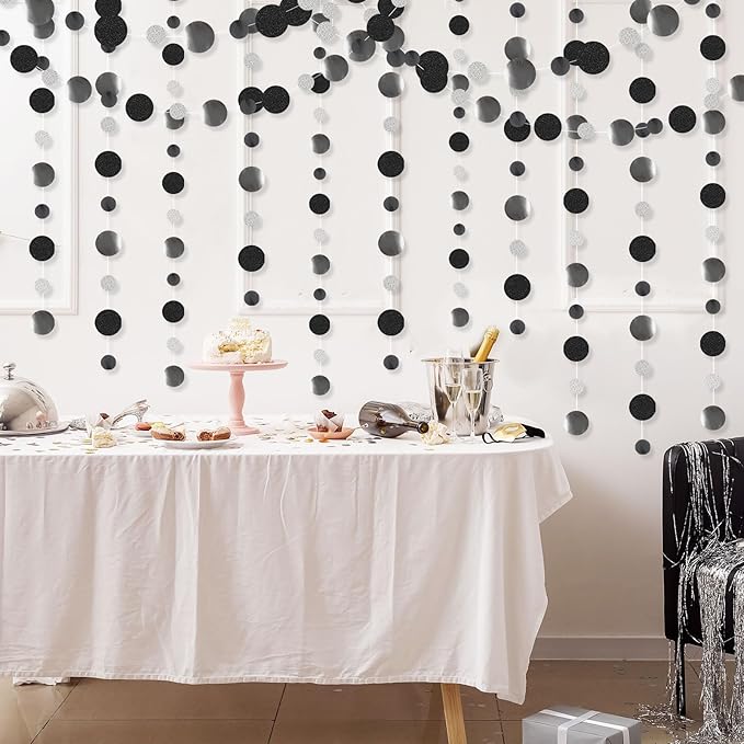 Outus 5 Pieces Black,Silver Round Dots Garland Graduation Party Hanging Decor Each Length 13.1ft Glitter Paper Dot Streamers for Birthday Wedding Classroom Supplies