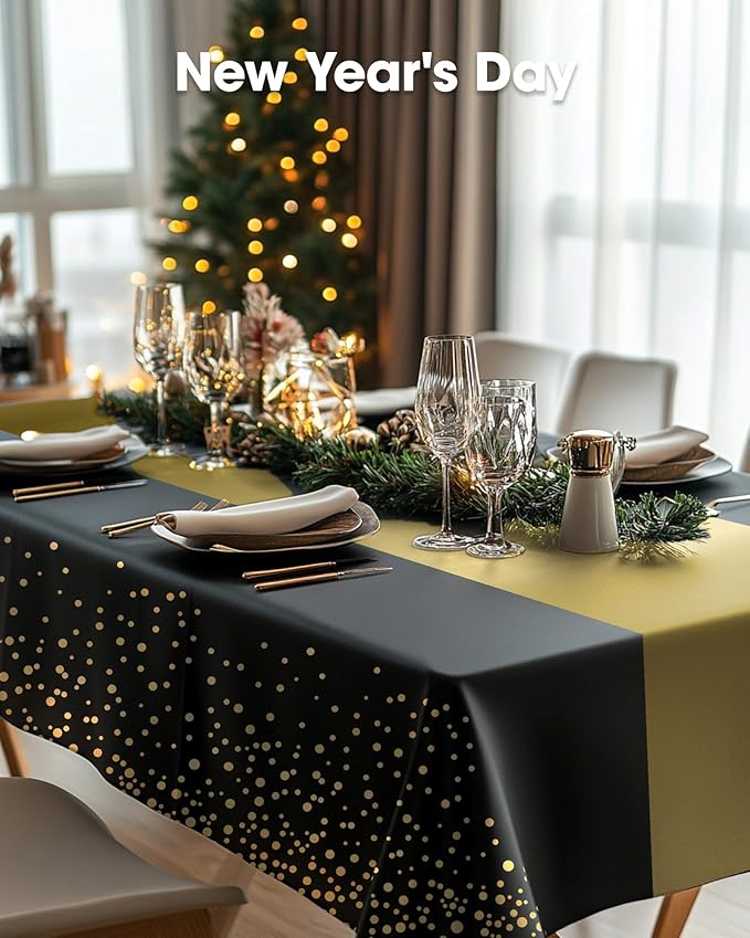 Pureegg Plastic Table Cloth Disposable 8 Pack, 54 x 108 Inch, Table Runner Style, Graduation Decorations 2026, Party Tablecloths, Rectangle, Plastic Cover, Leakproof & Sturdy, Black Gold