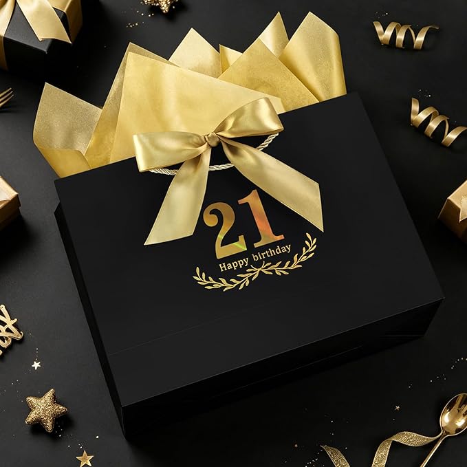 JMANNI Black Gold 21st Birthday Gift Bag with Card and Tissue Paper, 14.2"×9.84"×4.3" Large Present Bag for Adults, 21 Year Old Birthday Keepsake Party Supplies