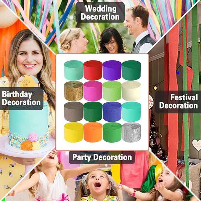 Crepe Paper Streamers 656ft 8 Rolls, Pack of Orange, Pink, Yellow and Blush Party Streamers for Birthday Wedding Baby Bridal Shower Decorations Christmas Craft Supplies (1.8 Inch x 82 Ft/Roll)