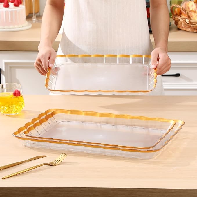 Rtteri 6 Pcs Clear Plastic Serving Trays with Gold Trim, 14 x 10, 16 x 11, 18 x 12. 5 Rectangular Acrylic Wave Serving Platters, Reusable Transparent Fruit, Appetizer Trays for Party, Wedding