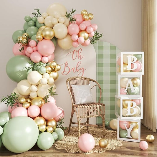 Pink and Green Gold Balloon Arch Kit, 132Pcs Pink and Green Baby Shower Decorations with Baby Boxes Letters for Girls Boho Baby Shower Gender Reveal Birthday Party Decorations