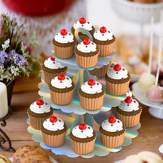 3-Tier Cupcake Stand Tower, Rainbow Silver Cardboard Cake Holder for Birthday Wedding Party Displays, Laser Silver Design - Space-Saving Dessert Table Decor (1 Pack) ﻿