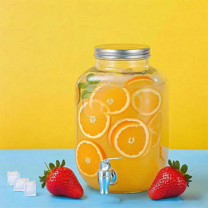 1 Gallon Glass Drink Dispensers For Parties 2PACK, Beverage Dispenser, Glass Drink Dispenser with Stand Stainless Steel Spigot, Lemonade Dispenser for BBQ Picnic, Party