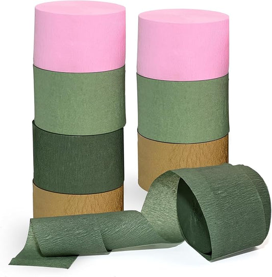 8 Rolls Moss Sage Green and Pink Crepe Paper Streamers for Wedding, Bridal Shower, Engagement Party Decorations - 82 Ft Long Boho Party Supplies