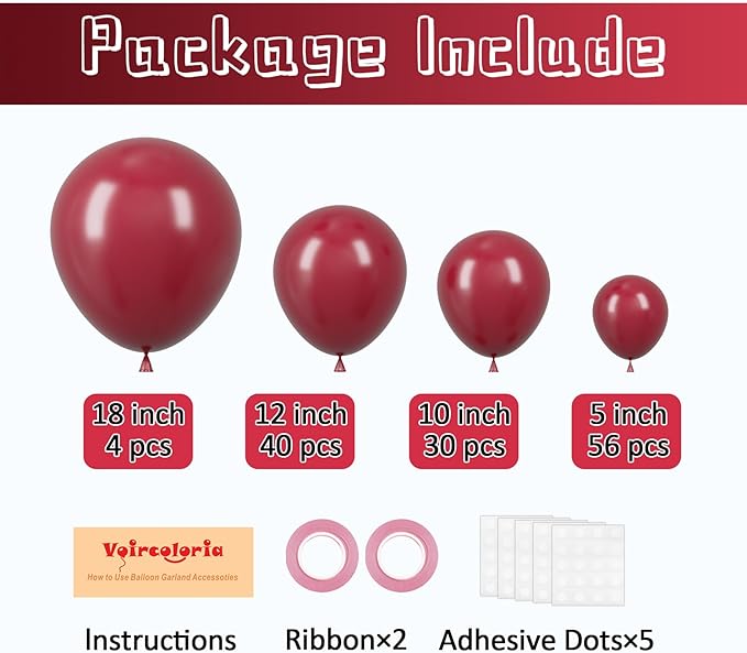 Voircoloria 130pcs Burgundy Balloons Different Sizes 18" 12" 10" 5" Wine Red Balloons for Birthday Graduation Bride Baby Shower Wedding Decorations