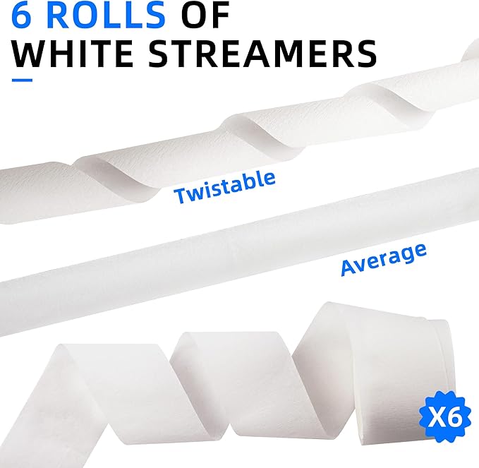 White Streamers Party Decorations, 2.2" x 123 Ft, 6 Rolls White Crepe Paper Streamers Party Supplies for Birthday Bridal Baby Shower Bachelorette Graduation Wedding Decorations, DIY Crafts