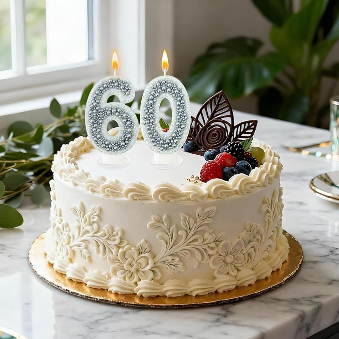 60 Birthday Number Candle for Cake, Glitter Number Candle with Silver Beads, Decorative Cake Topper for Milestone Celebrations