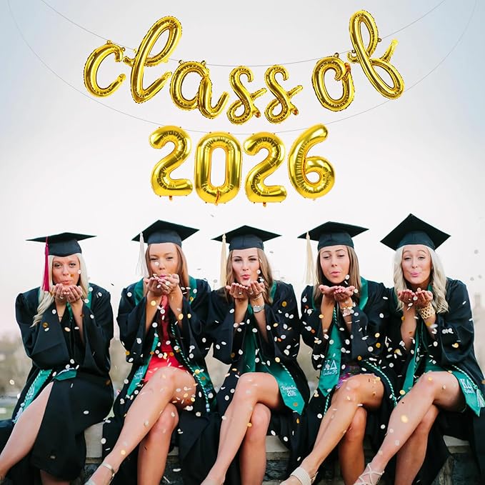 TONIFUL Gold Cursive Class of 2026 Graduation Balloon Banners 2026 commencement Decor Grad Foil Balloons 2026 Congrats Grad Balloons for Class of 2026 Congratulation Graduation Party Supplies