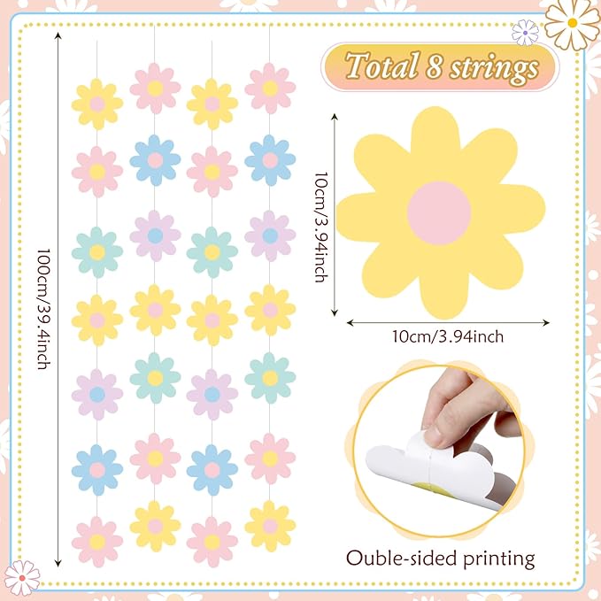 Pasimy 8 Pcs Daisy Boho Party Decorations Groovy Daisy Paper Garlands White Flower Hanging Garland Banner Hippie Flower Cutouts for Birthday Shower Wedding Party Favor Supplies(Groovy,Pastel)