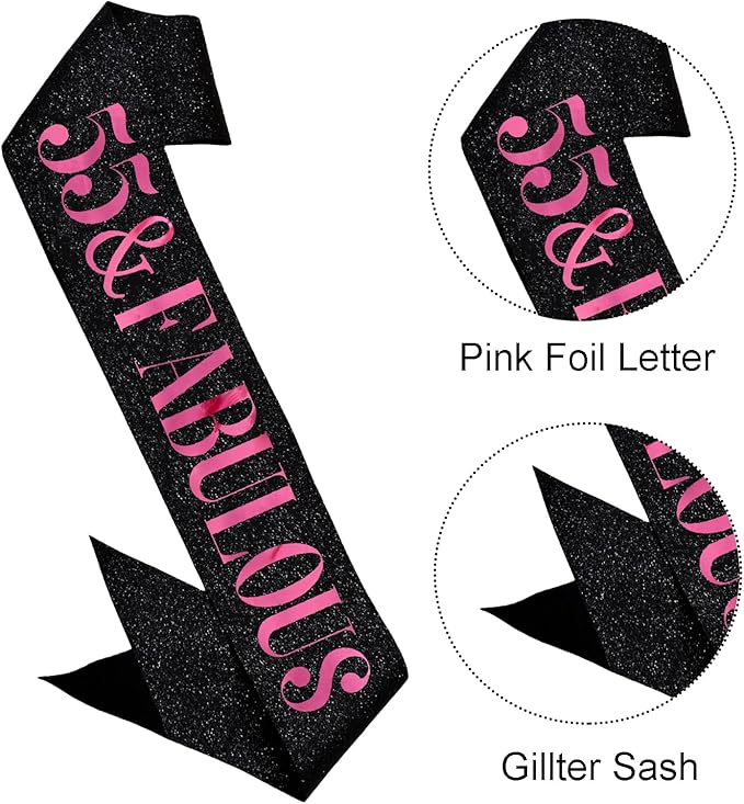 55 & Fabulous Sash, Funny 55th Birthday Sash for Women 55th Bday Party Photo Prop Favors Suppiles, Pink Foil Letter, Glitter Black