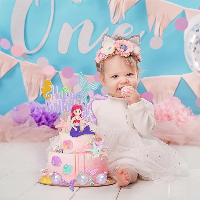 Mermaid Cake Toppers for Girl 30pcs Little Mermaid Figurine Under The Sea Ocean Cake Decor Seaweed Bubble Starfish Shell Mermaids Tail Cupcake Picks for Mermaids Princess Birthday Baby Shower