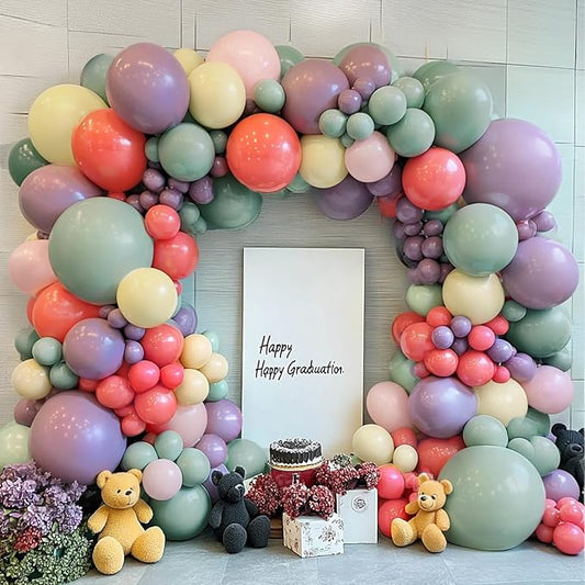 Dusty Green Purple Pink Yellow Balloons Arch Kit, Double Stuffed Pastel Balloon Garland with Lavender Lilac Yellow Green Red Latex Balloons for Birthday Baby Shower Wedding Anniversary Decorations.