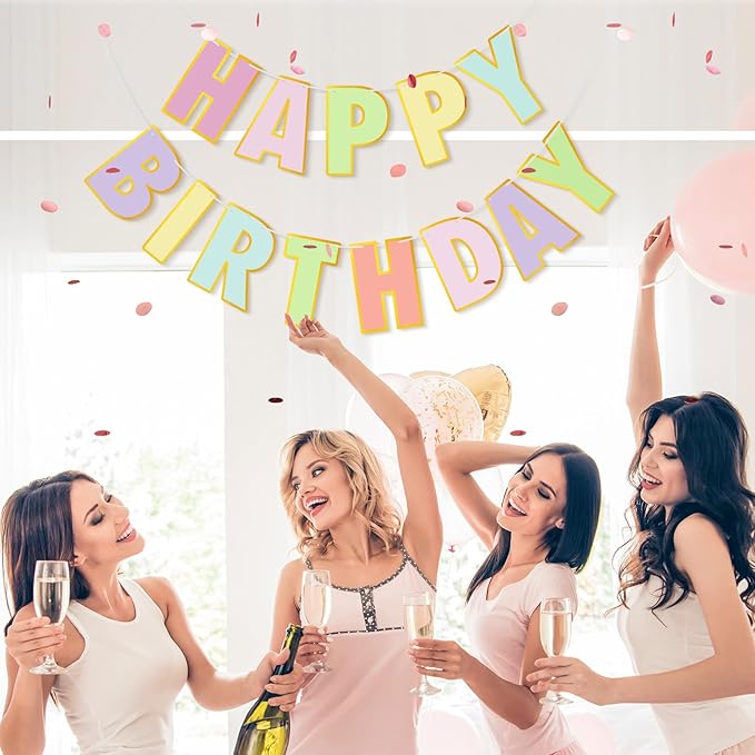 Colorful Happy Birthday Banner Sign Birthday Garland Wall Door Hanging Banner Flag for Women Men Boys Girls Party Backdrop Decorations, Multicolor Letters Name Banners with Golden Shiny Design
