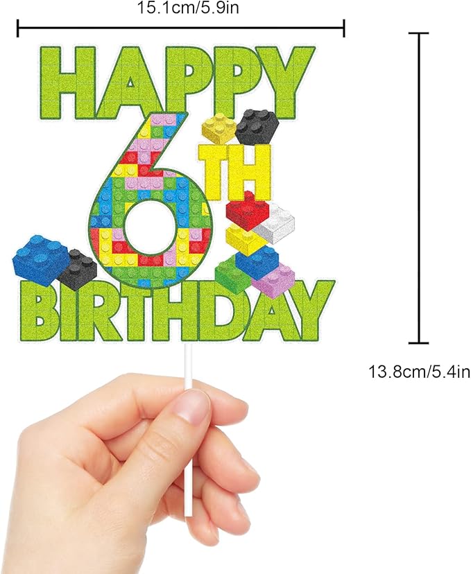Happy 6th Birthday Building Block Cake Topper - Puzzle Games Boy's 6th Birthday Party Green Cake Topper Supplies - Building Block Party Decoration For Boy