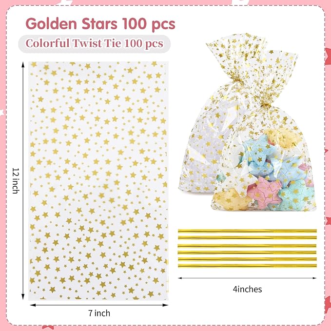 100 Pcs 7 x 12 Inch Clear Cellophane Treat Bags with 100 Gold Twist Ties, Gold Star Printed Heat Sealable Candy Bags for Cookies, Chocolate, Bakery, Party Favors, Gift Wrapping