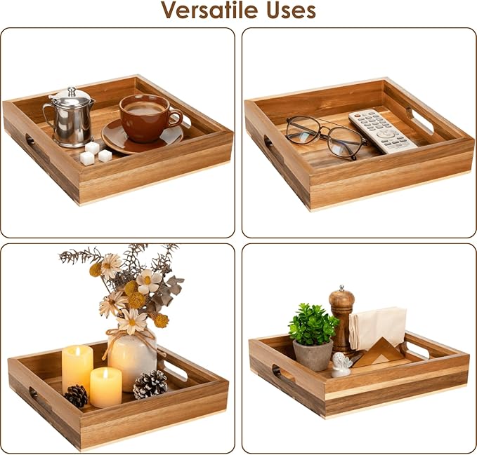 YOUEON Set of 2 Acacia Wood Serving Tray with Handles, 10x10x2 Inch Decorative Serving Trays for Food, Ottoman Tray, Square Coffee Table Trays for Dinner, Coffee, Wine, Appetizer