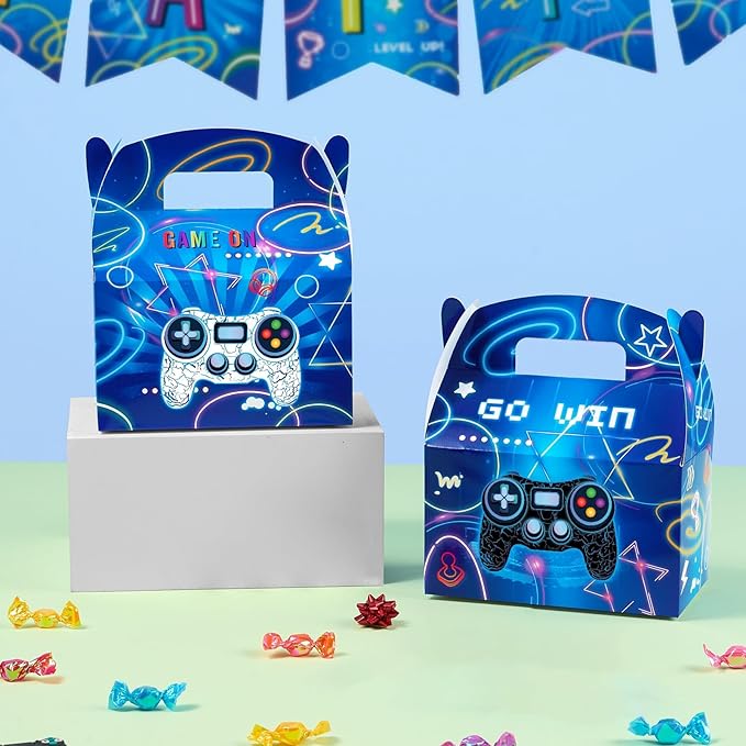 WERNNSAI Game Party Boxes - 12PCS Gaming Birthday Decorations for Kids Boys Blue Video Game Goodie Bags Treat Gifts Boxes Gamer On Level Up Birthday Party Supplies for Baby Shower Anniversary Parties