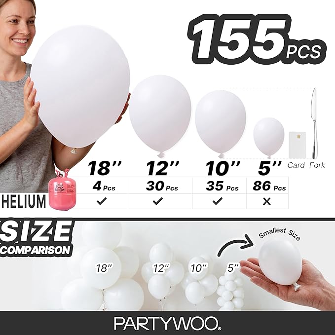 PartyWoo White Balloons 155pcs Different Sizes Pack of 18 12 10 5 Inch Matte White Latex Balloon Arch Kit Garland for Wedding Bridal Graduation Baby Shower Birthday Party Decorations White-Y13