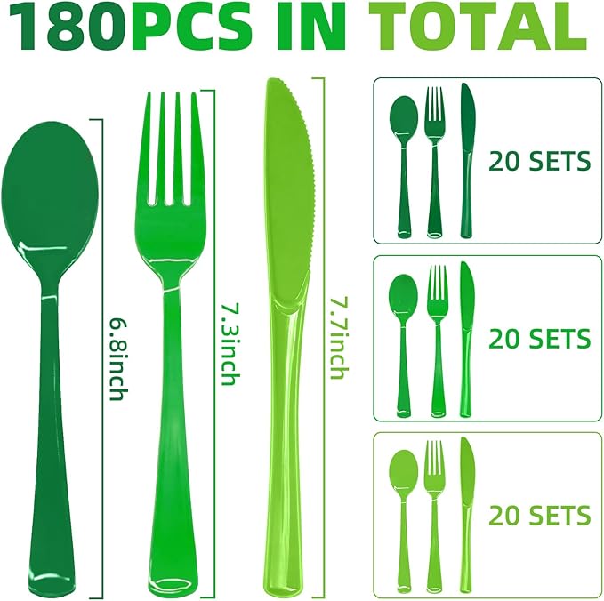 180 PCS Gradient Green Plastic Silverware Heavy Duty Green Cutlery Disposable Set Include 60 Forks, 60 Knives, 60 Spoons for Birthday, Graduation Party, Christmas, St. Patrick's Day