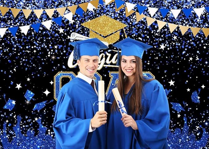 Mocsicka Graduation Party Decorations 2026 Congrats Grad Backdrops for Photography Bachelor Cap Congratulations Grad Photo Backdrop Graduation Prom Party Supplie (Blue and Gold, 10x8ft(120x96 inch))