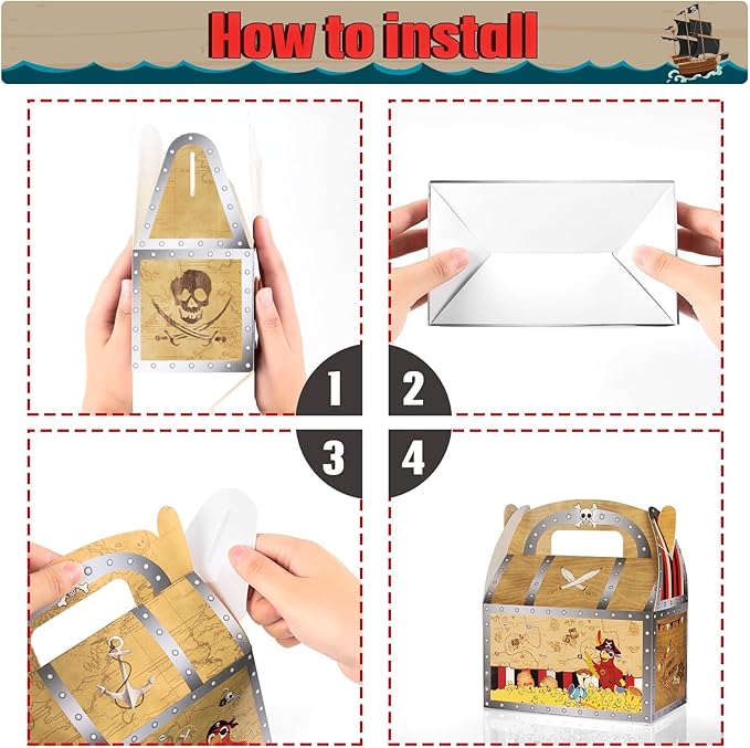WERNNSAI Pirate Party Favor Boxes - 12 PCS Treasure Chest Boxes Pirate Birthday Decorations Nautical Theme Party Favors for Baby Shower Halloween Treasure Hunt Game