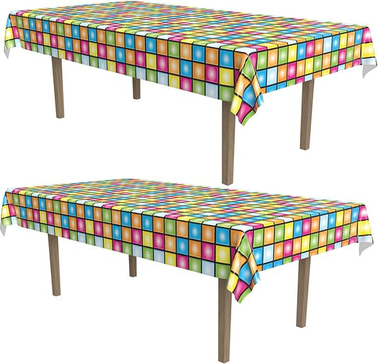 Beistle Pack of 2 Multicolored Disco Rectangular Plastic Tablecloths, 70s Themed Party Decorations, Disco Dance Party Supplies, 108" x 54"