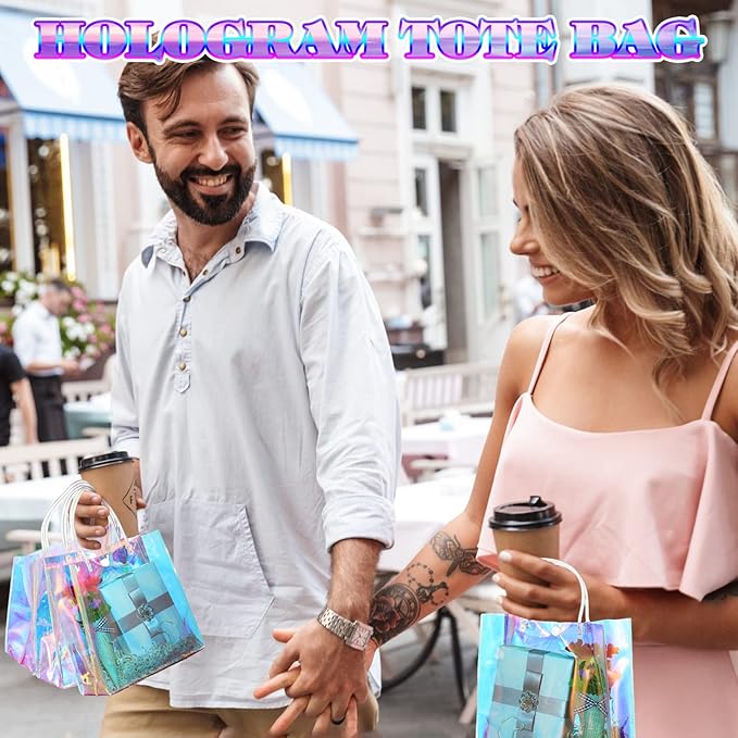 Sherr 16 Pcs Holographic Small Gift Bag Reusable Iridescent Clear Bags for Women PVC Plastic Goodie Holder with Handles for Shopping Christmas Holiday Gift Party Favor(5.91" x 6.3" x 2.76",Rainbow)