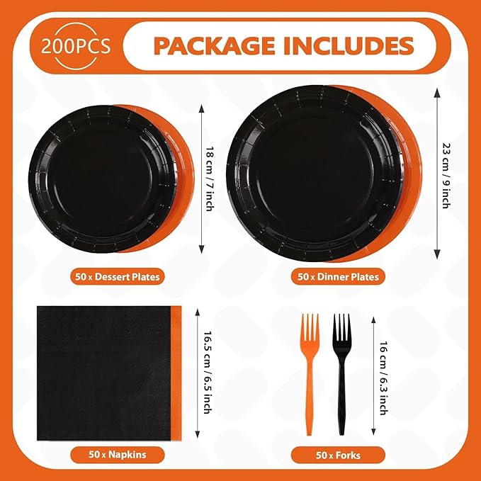 Grencian 200Pcs Orange and Black Graduation Decorations Black and Orange Plates and Napkins Disposable Graduation Tableware for Birthday Wedding Baby Shower Congrats Grad Party Supplies Serves 50