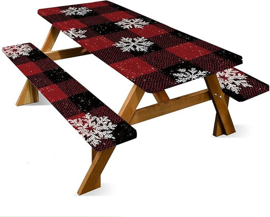 ANNA QUEEN 6FT Winter Christmas Snowflakes Picnic Table Cover with Bench Covers Picnic Table Cover Set 3PCS 72"x30", Waterproof Outdoor Bench and Tablecloth Furniture Protection for Camping