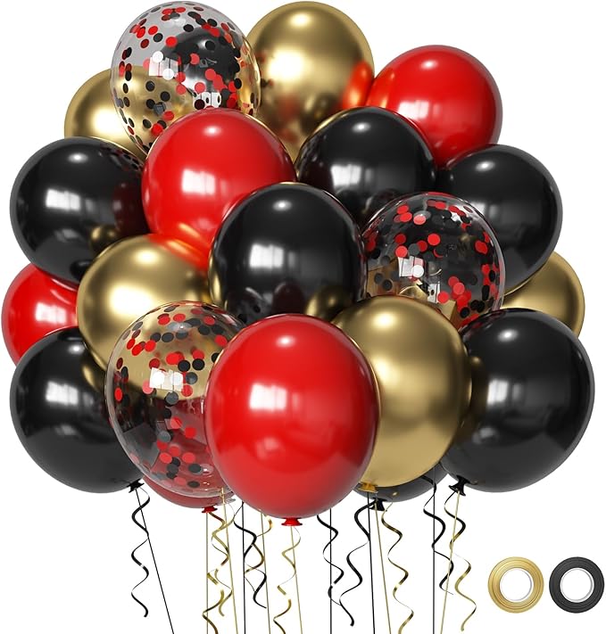 Red Black and Gold Party Balloons, Black Red Gold Latex Balloons 50 Pcs 12 inch Red Black Gold Balloons For Birthday Graduation Hollywood Casino Wedding Party Decoration