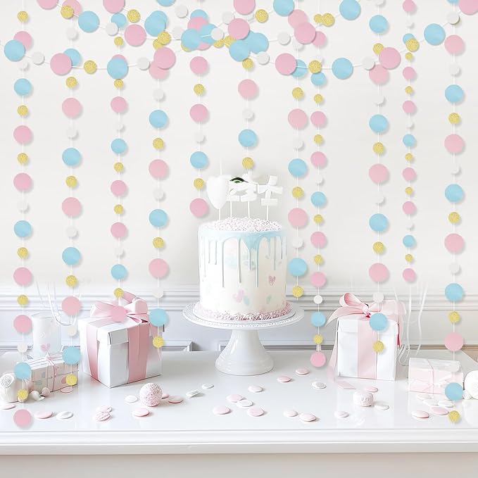 Outus 10 Pieces Pink,Blue,Gold,White Round Dots Garland Graduation Party Hanging Decor Each Length 13.1ft Glitter Paper Dot Streamers for Birthday Wedding Classroom Supplies