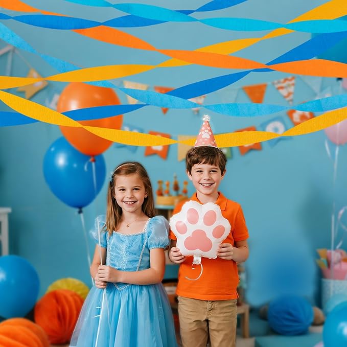 Riqiaqia Crepe Paper Streamers Party Decorations, Blue and Orange Party Decorations, 8 Rolls of Blue, Orange Party Streamers for Blue Dog Birthday Party Supplies