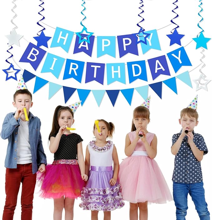 Blue Birthday Party Decorations, Happy Birthday Banner Triangle Flag Bunting Banner Garland 8PCS Glitter Star Hanging Swirls Streamers Birthdays Banner Sign Boys Girls Women Men Blue Party Supplies