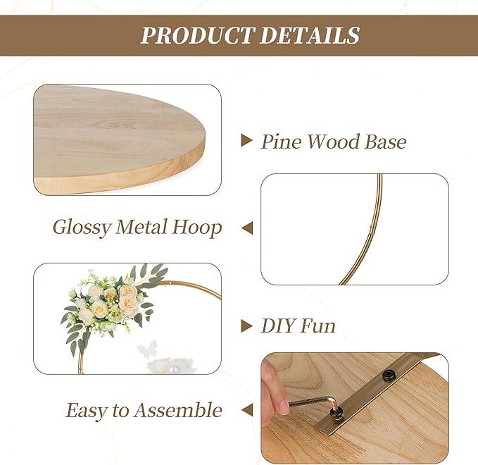 Hanobe Wedding Cake Stand Gold: 14 Inch Round Arch Cupcake Display Stands with Wood Base for Party Decorative Metal Hoop Centerpiece Decor for Birthday Baby Shower