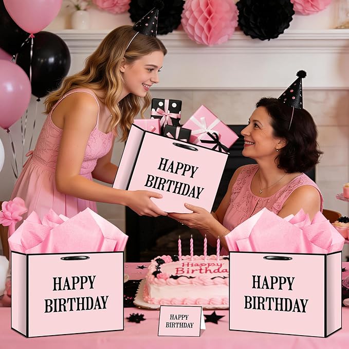 Yomaiha Pink Happy Birthday Gift Bag for Women Girls, Birthday Wrapping Paper Bag with Tissue and Card Pink Black Birth day Party Favors Supplies Decorations 11.8x9.4x5.3 inches