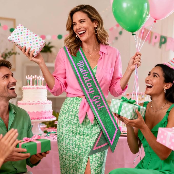 Pink Green Birthday Sash for Girls, Letter "Birthday Girl" Witch Themed Sash with Glitter Foil, Happy Funny Accessories for Party Favors Supplies