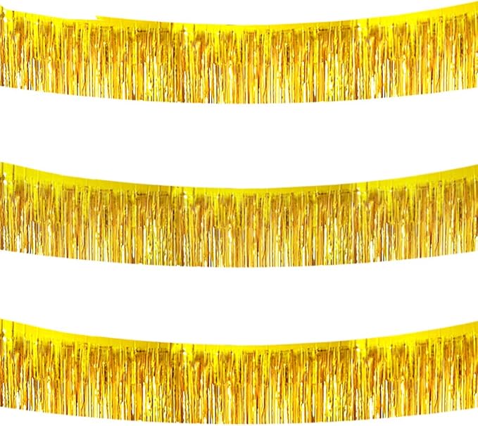 BEISHIDA 3 Packs 30 Feet Metallic Foil Fringe Garland Tinsel Streamers，Shiny Gold Wall Hanging Tinsel Fringe Banners for Wedding Birthday Party Decoration Halloween Christmas New Year