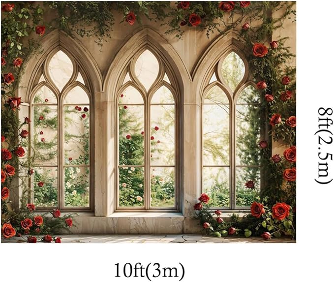 Kate 10x8ft Gothic Window Red Rose Backdrop Vintage Floral Castle Arched Window Photo Background for Wedding Bridal Shower Birthday Party Photoshoot Decor