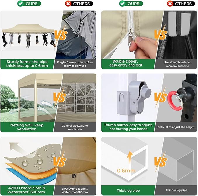 COBIZI 10x20 Heavy Duty Pop Up Canopy Tent with 6 Sidewalls, Easy Set Up Outdoor Waterproof Screen Commercial Party Tent with Mosquito Netting for Parties Backyard Patio, Roller Bag, Khaki