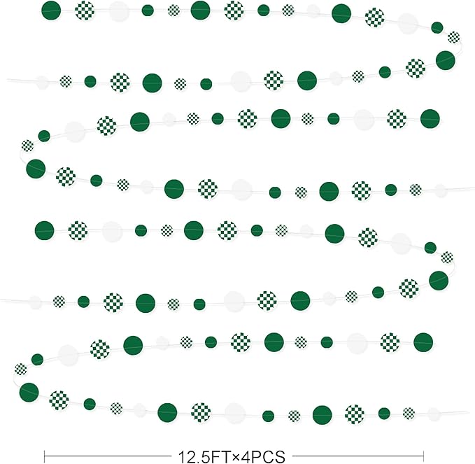 Green Party Decorations White Green Checkered Circle Dots Streamer Hanging Paper Polka Dot Garland for Birthday Wedding Baby Shower Bachelorette Christmas Dinosaur Arbor Day Picnic Golf Party Supplies