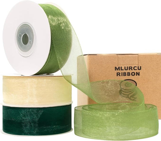 Sheer Organza Ribbon - Cream & Emerald Green, 1 Inch x 75 Yds - Clear Tulle for Gift Wrapping, Wedding, Christmas, Flowers & Crafts