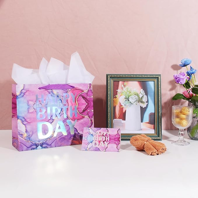PARNOG 13" Large Happy Birthday Gift Bag with Tissue Paper and Card for Girls Kids Women Birthday