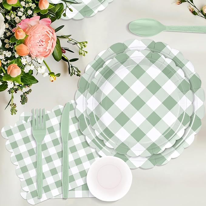 175 Pcs Sage Scalloped Gingham Party Supplies for 25 Guests, Sage and White Checkered Paper Plates, Cups and Napkins Sets for Baby & Bridal Shower, Wedding, Birthday Party, Outdoor Picnic