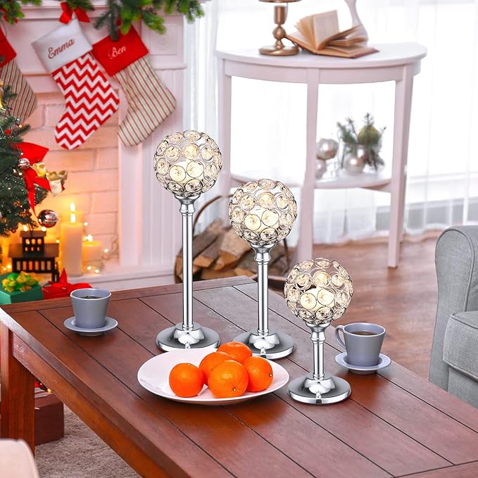 Mimorou 12 Pack Crystal Candle Holders Gold or Silver Candle Holders Bulk Tealight Candlestick Crystal Candelabras for Wedding Party Valentine Christmas Dining Table Centerpieces Decoration (Silver)