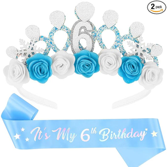 CUBACO 6th Birthday Crown Headband and Sash, 6 Year Old Girl Birthday Gift Ideas for Blue Princess Crown, Frozen Party Decorations Favors for Girls Outfit